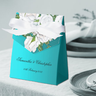 White Bridal Roses on Turquoise Wedding Favor Box