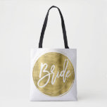 White Bride Wedding Bags Faux Gold Foil<br><div class="desc">Bride all-over-print tote bags for wedding,  bachelorette party or bridal shower with gold foil effect (faux,  printed as an image) text printed on white background. Tote bag is made of polyester and measures 16 inches by 16 inches and the strap measures 28 inches.</div>