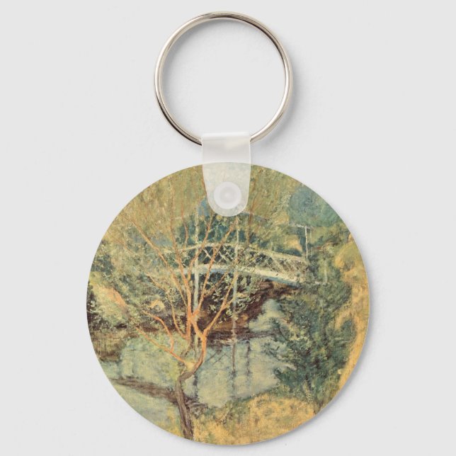 White Bridge by Twachtman, Vintage Impressionism Keychain (Front)