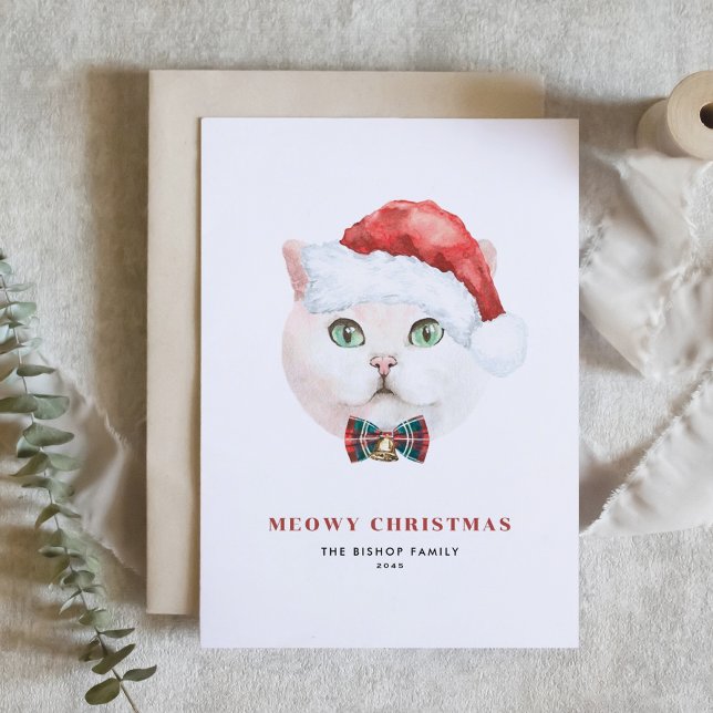White British Shorthair Cat Santa Meowy Christmas Holiday Card (Creator Uploaded)