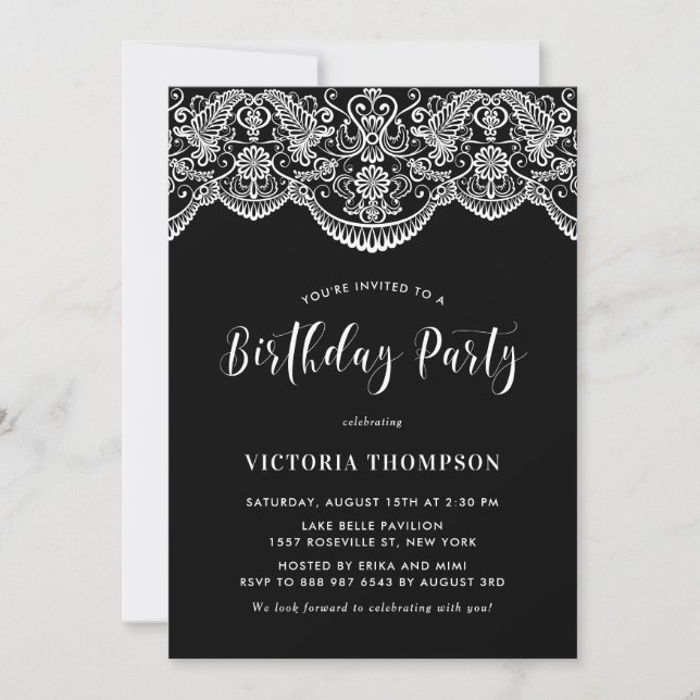 White Brocade Lace Black Birthday Party Invitation (Front)