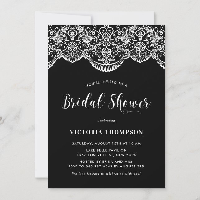 White Brocade Lace Black Bridal Shower Invitation (Front)