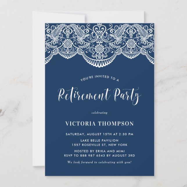 White Brocade Lace Navy Blue Retirement Party Invitation (Front)