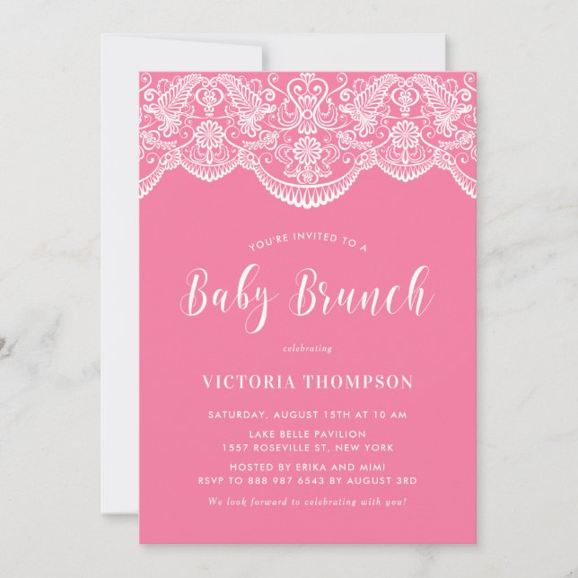 White Brocade Lace Pink Baby Brunch Invitation (Front)