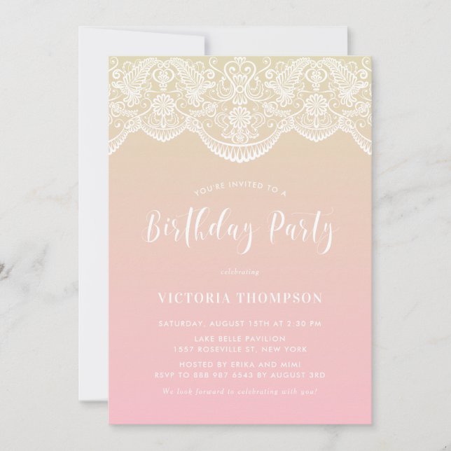 White Brocade Lace Pink Ombre Birthday Party Invitation (Front)
