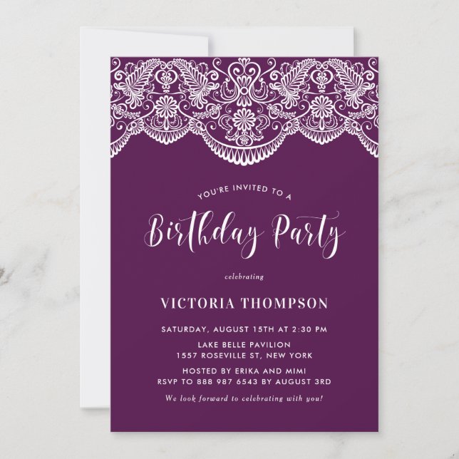 White Brocade Lace Purple Birthday Party Invitation (Front)