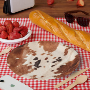 White Brown Cowhide Animal Print Paper Plate