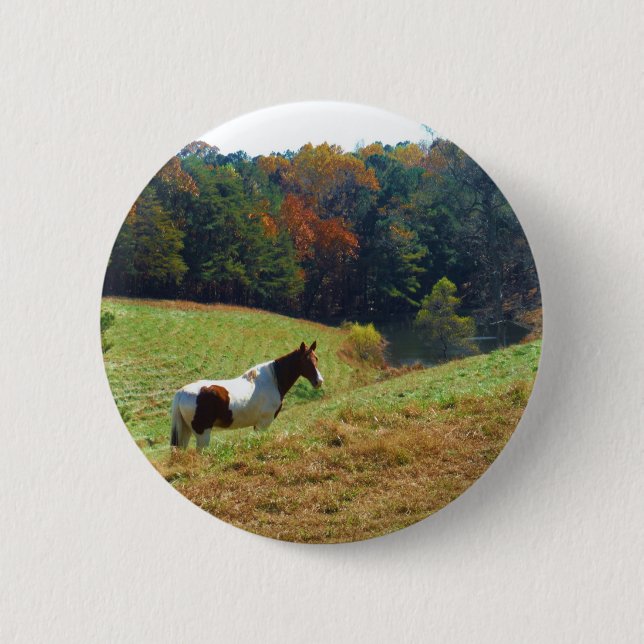 White & Brown horse, Autumn pond 2 Inch Round Button (Front)