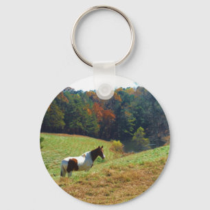 White & Brown horse, Autumn pond Keychain