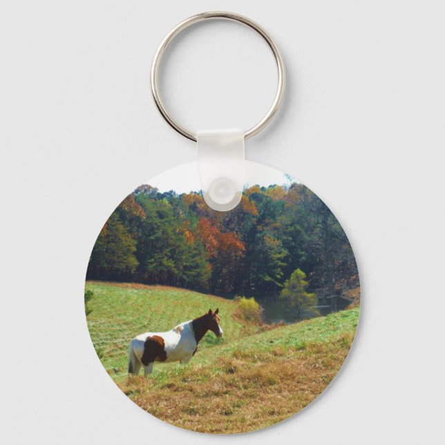 White & Brown horse, Autumn pond Keychain (Front)