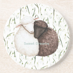 White Brown Sheep Flowers  Coaster