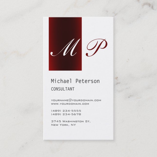 White Browny Red Stripe Monogram Business Card (Front)