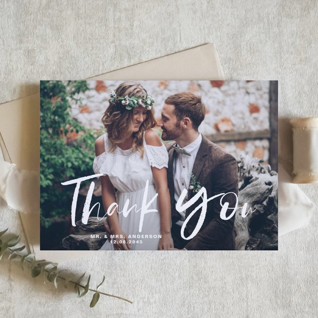 White Brush Hand Lettered Photo Wedding Thank You (Creator Uploaded)