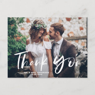 White Brush Hand Lettered Photo Wedding Thank You Postcard