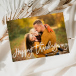 White brush hand written script thanksgiving holiday card<br><div class="desc">A lovely fall design with lovely white rustic script and a family photo with a foliage pattern at the back. You can upload your own image and personalize the text and colours.</div>