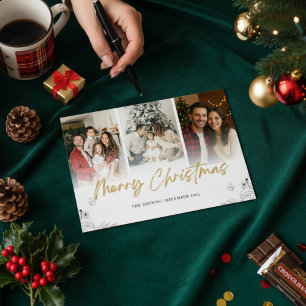 White Brush Modern Calligraphy 3 Photo Collage Holiday Card