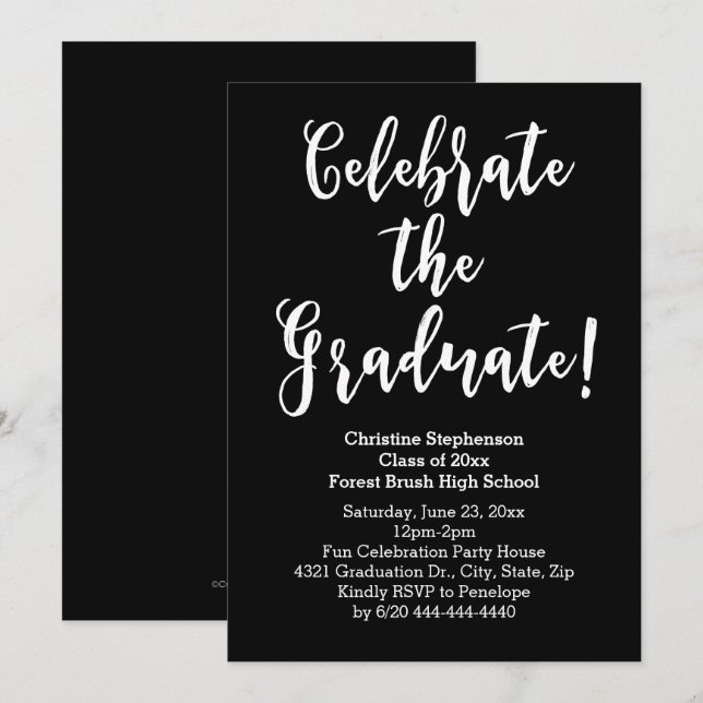 White Brush Script Celebrate Graduation Party Invitation (Front/Back)