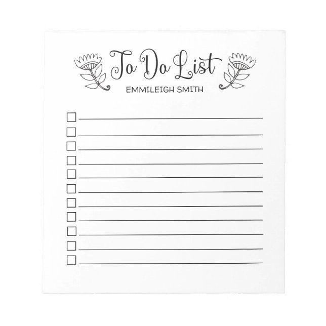 White Brush Script To Do List Checkbox Flowers Notepad (Front)