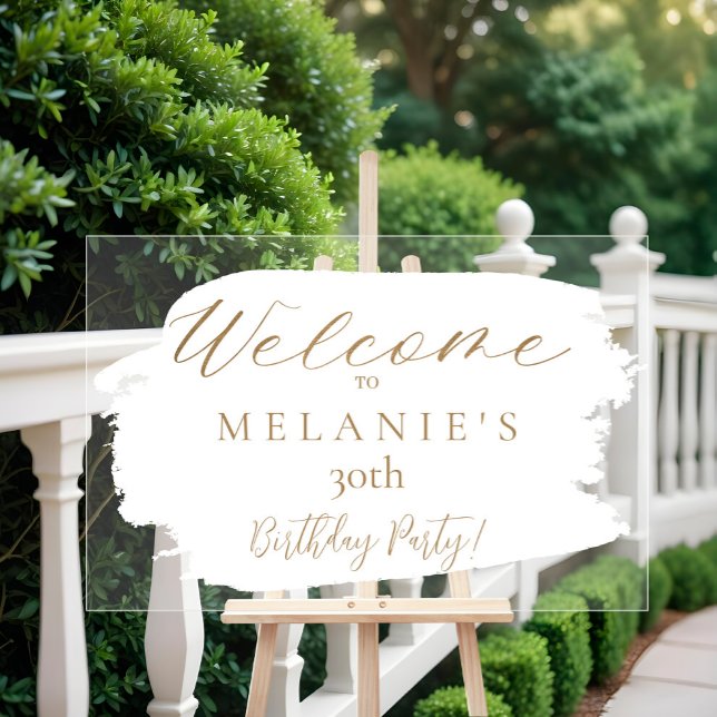 White Brush Stroke Modern Script Birthday Welcome Acrylic Sign (White Brush Stroke Modern Script Birthday Welcome Acrylic Sign)