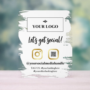 White Brushstrokes Gold Logo Let's Get Social Acrylic Sign