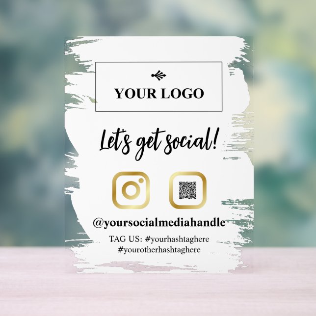 White Brushstrokes Gold Logo Let's Get Social Acrylic Sign (Neutral)