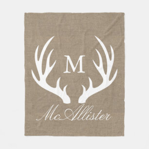 White Buck Antlers Faux Burlap Family Name Fleece Blanket