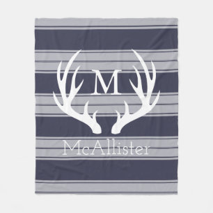 White Buck Antlers Grey Stripes Family Name Fleece Blanket