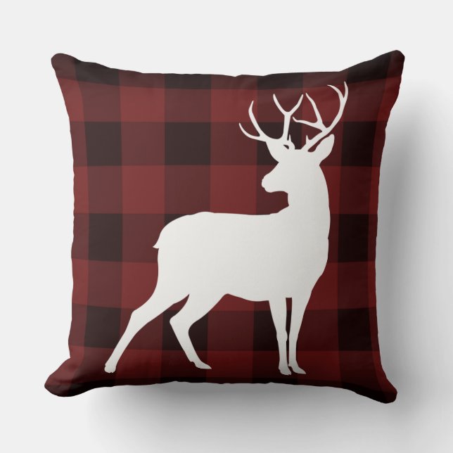 White Buck Buffalo Plaid Pattern Rustic Christmas Throw Pillow (Front)