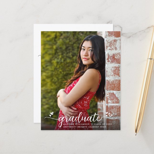 White Budget Photo Graduation Grey Script Invite (Front/Back In Situ)