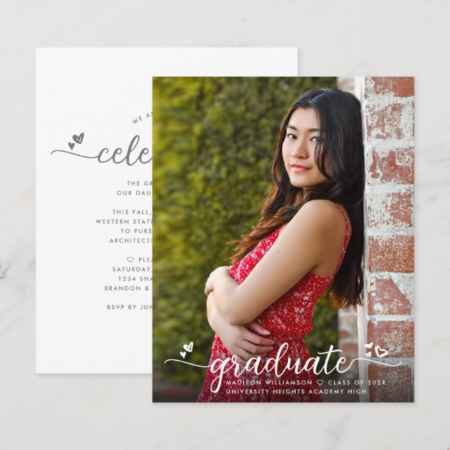 White Budget Photo Graduation Grey Script Invite (Front/Back)