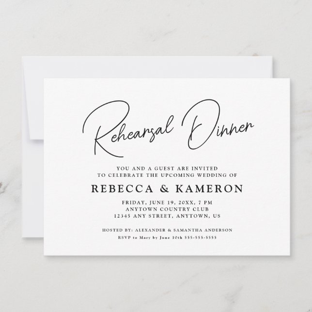 White Budget Script Rehearsal Dinner Invitation (Front)