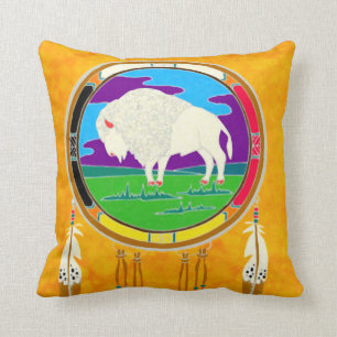 White Buffalo Native American Square Pillow