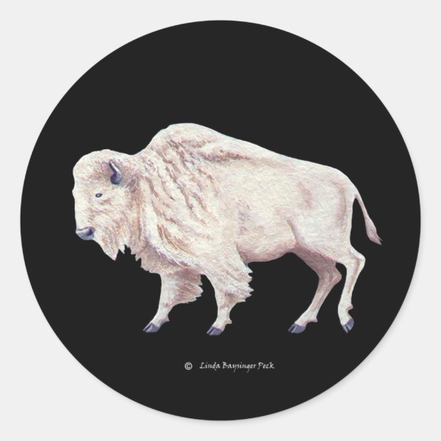 White Buffalo on Solid Black Classic Round Sticker (Front)