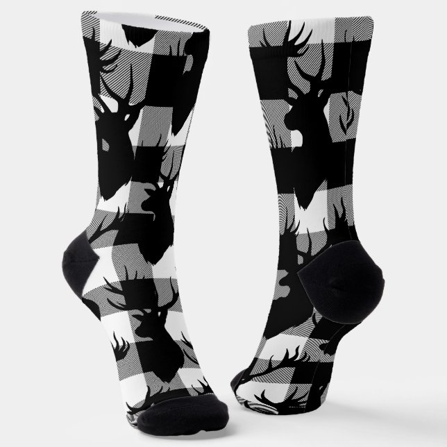 White Buffalo Plaid Forest Stag Head  Socks (Angled)