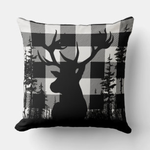 White Buffalo Plaid Woodland Pine Forest Stag Head Throw Pillow