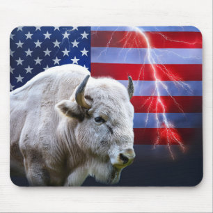 White Buffalo With An American Flag And Lightning Mouse Pad