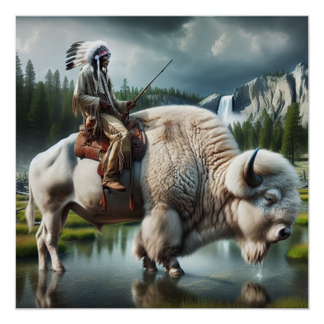 White Buffalo Yellowstone Park With Indian Art Poster (Front)