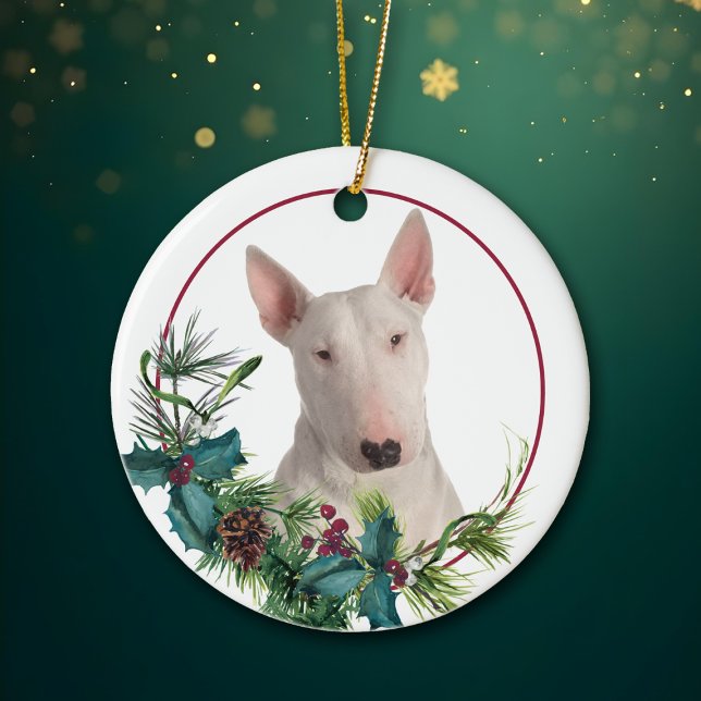 White Bull Terrier Dog Evergreen Berry Wreath Ceramic Ornament (Creator Uploaded)