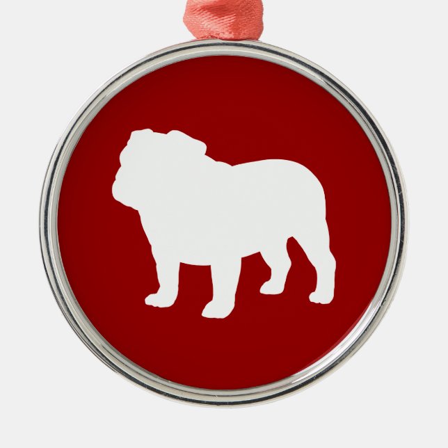 White Bulldog Silhouette on Red Christmas Holiday Metal Ornament (Front)
