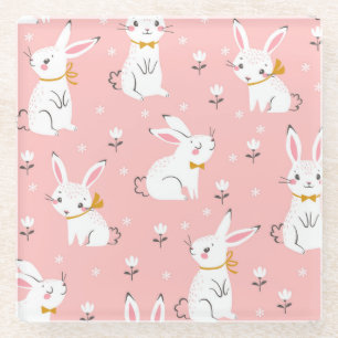 White Bunnies: Cute Floral Seamless Glass Coaster