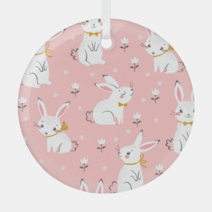 White Bunnies: Cute Floral Seamless Glass Ornament