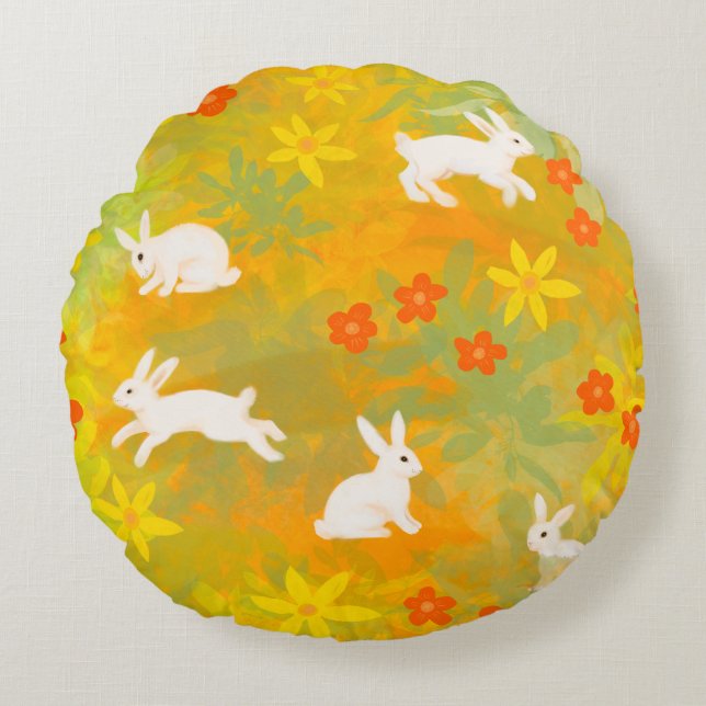 White bunnies on a flower field round pillow (Front)