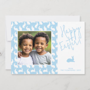 White Bunnies On Blue With Custom Photo Easter Card