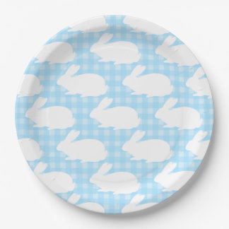 White Bunnies on Pastel Blue Gingham Pattern Paper Plate