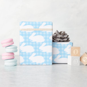 White Bunnies on Pastel Blue Gingham Pattern Wrapping Paper
