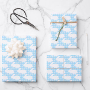 White Bunnies on Pastel Blue Gingham Pattern Wrapping Paper Sheet