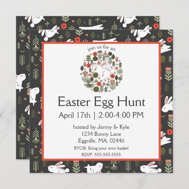 White Bunnies & Spring Flowers Easter Invitation (Front/Back)