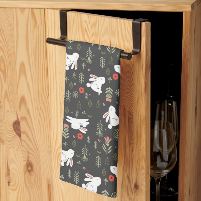 White Bunnies & Spring Flowers Kitchen Towel (Thirds Fold)