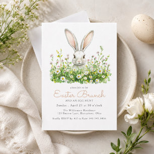 White Bunny and Florals Easter Brunch Egg Hunt Invitation