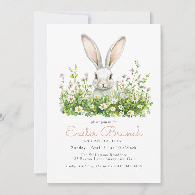 White Bunny and Florals Easter Brunch Egg Hunt Invitation (Front)